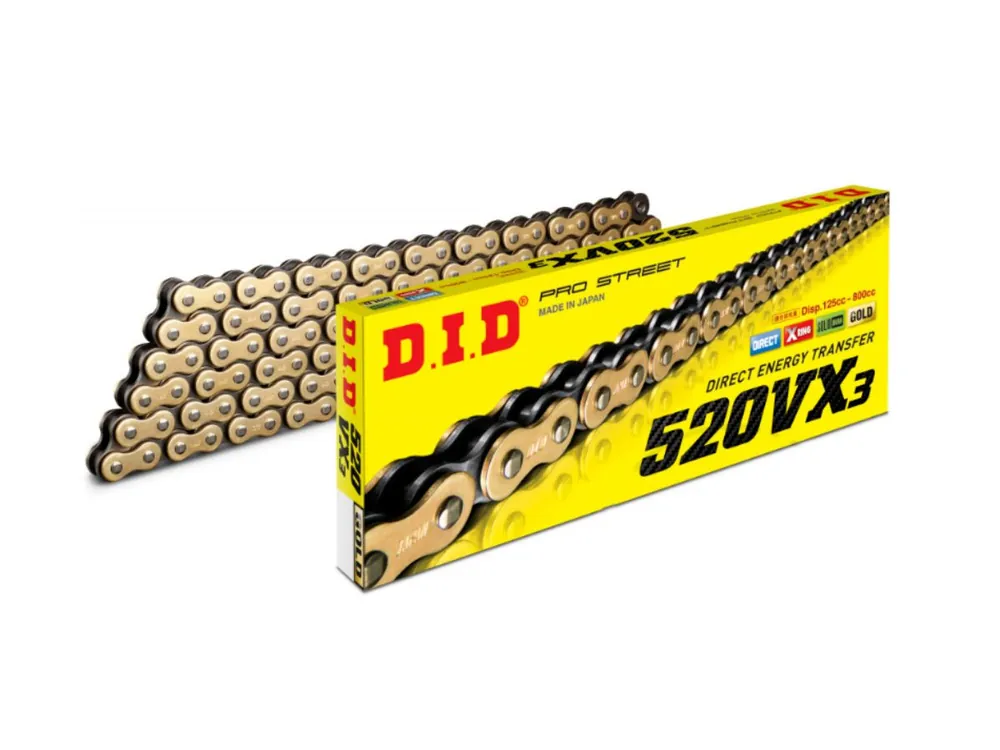 Novità CATENA DID MODELLO VX3 112 MAGLIE PASSO 520 ORO-NERA-