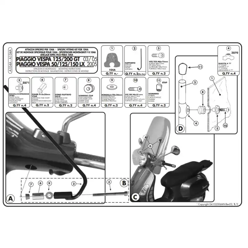 Spedizione Gratuita ATTACCHI PARABR.PIAGGIO VESPA 125-250'03