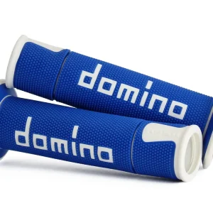 Più Venduto DOMINO Manopole moto A450 Road Racing 120mm / 125mm Blu-Bianco, 1 coppia terminale aperto